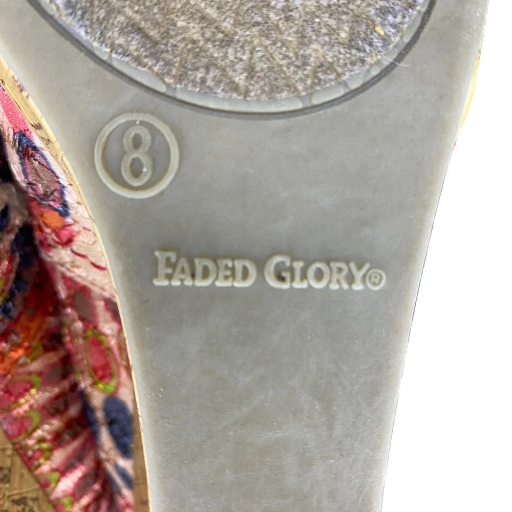 Faded Glory Women Boho Embroidered Peep Toe Cork Wedge Heels‎ Multicolor Size 8